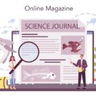 An illustration of an online science journal with visuals of marine life, a magnifying glass, and people analyzing content, signifying scientific reporting and investigation.