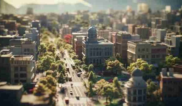 Aerial view of an urban area with tree-lined streets and classical architecture, symbolizing research in urban and regional development.