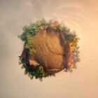 A visual representation of Earth showing areas affected by desertification alongside thriving biodiversity, highlighting the importance of climate change action supported by the Climate Change Fund.