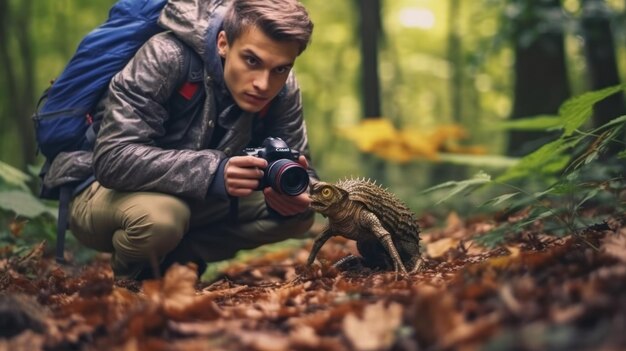 A conservationist photographing a chameleon in a forest, symbolizing efforts to protect EDGE species and their habitats.